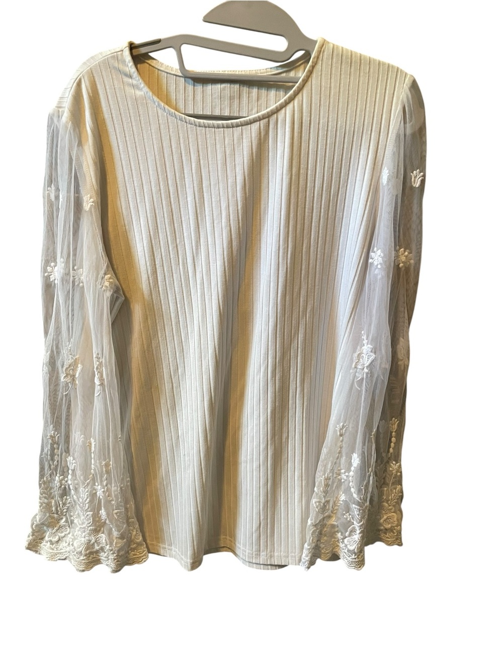 Women’s Cream Ribbed Top with Sheer Embroidered Sleeves